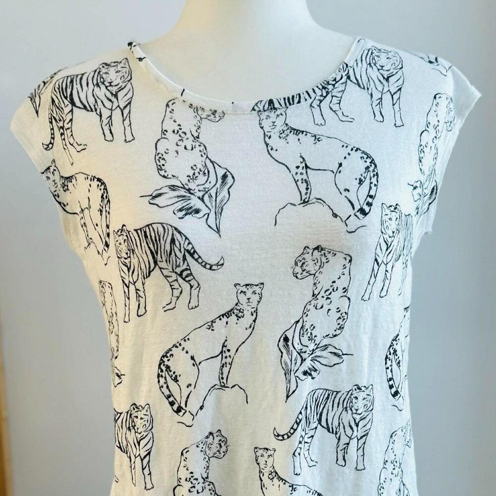 Cynthia Rowley Ivory Big Cats Print Pure Linen Jersey Button-Back Top – US S